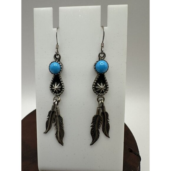 Running Bear Shop Native American 925 Sterling Silver Turquoise Feather Earrings - Picture 1 of 6